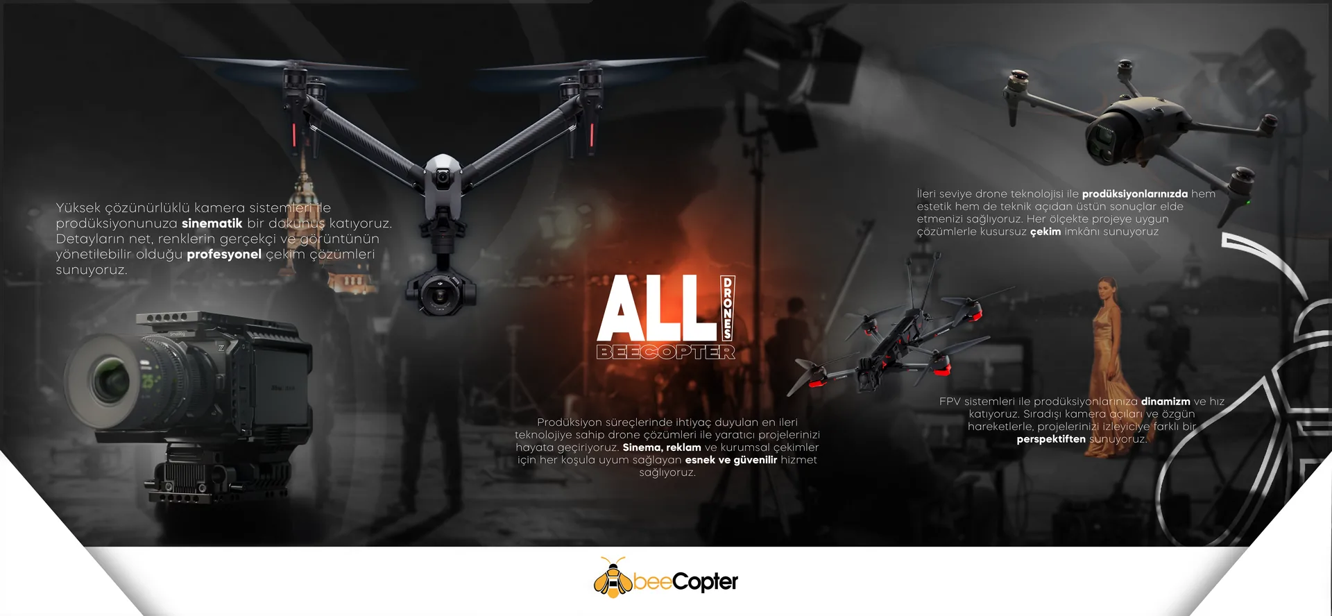 BeeCopter — sinematik prodüksiyon hizmetleri, drone ekipmanları ve sahne görselleri